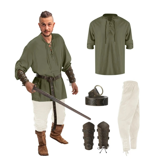 Jiuguva 4 Pcs Halloween Men's Renaissance Costume Set Medieval Pirate Shirt Ankle Banded Pants Viking Belt Accessories
