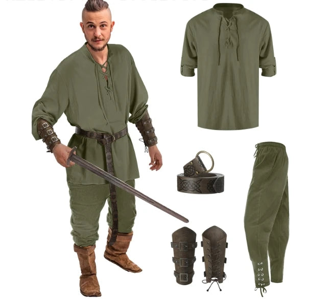 Jiuguva 4 Pcs Halloween Men's Renaissance Costume Set Medieval Pirate Shirt Ankle Banded Pants Viking Belt Accessories
