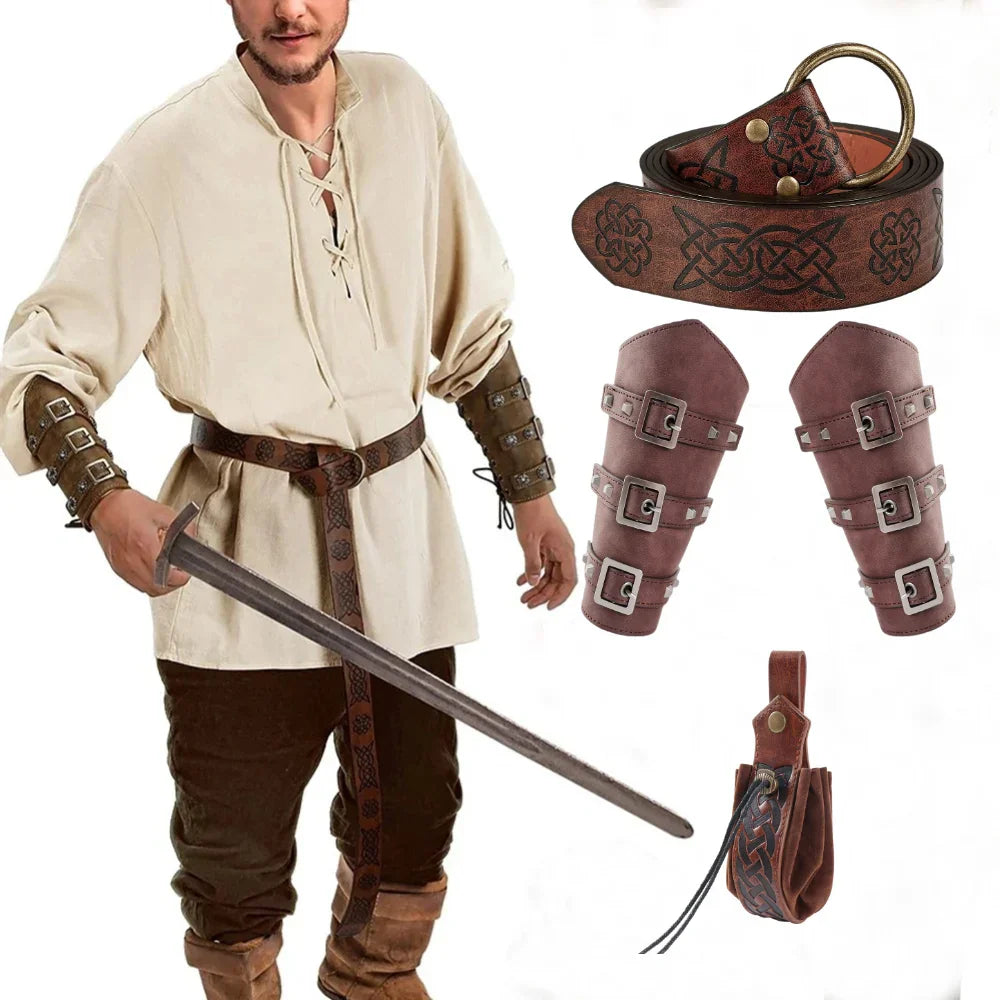 5PCS Men's Renaissance Costume Sets Medieval Arm Wrist Halloween Viking Belt Faux Leather Belt Pouch LARP Cosplay Accessories