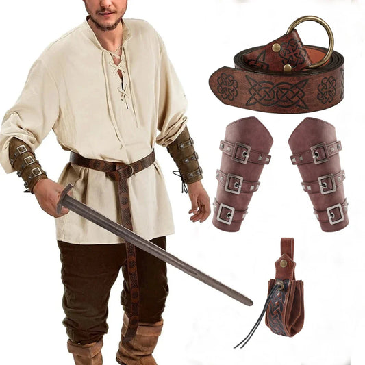 5PCS Men's Renaissance Costume Sets Medieval Arm Wrist Halloween Viking Belt Faux Leather Belt Pouch LARP Cosplay Accessories