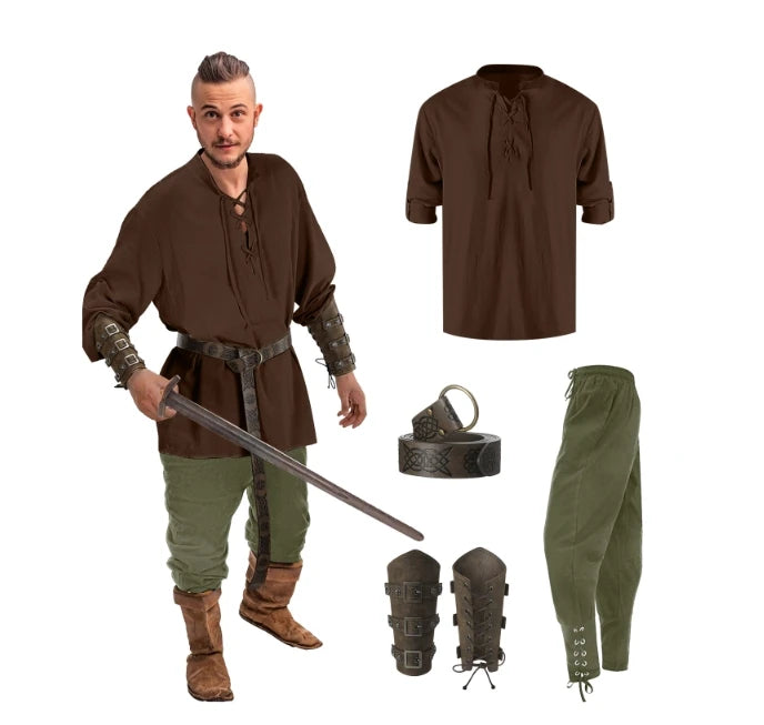 Jiuguva 4 Pcs Halloween Men's Renaissance Costume Set Medieval Pirate Shirt Ankle Banded Pants Viking Belt Accessories