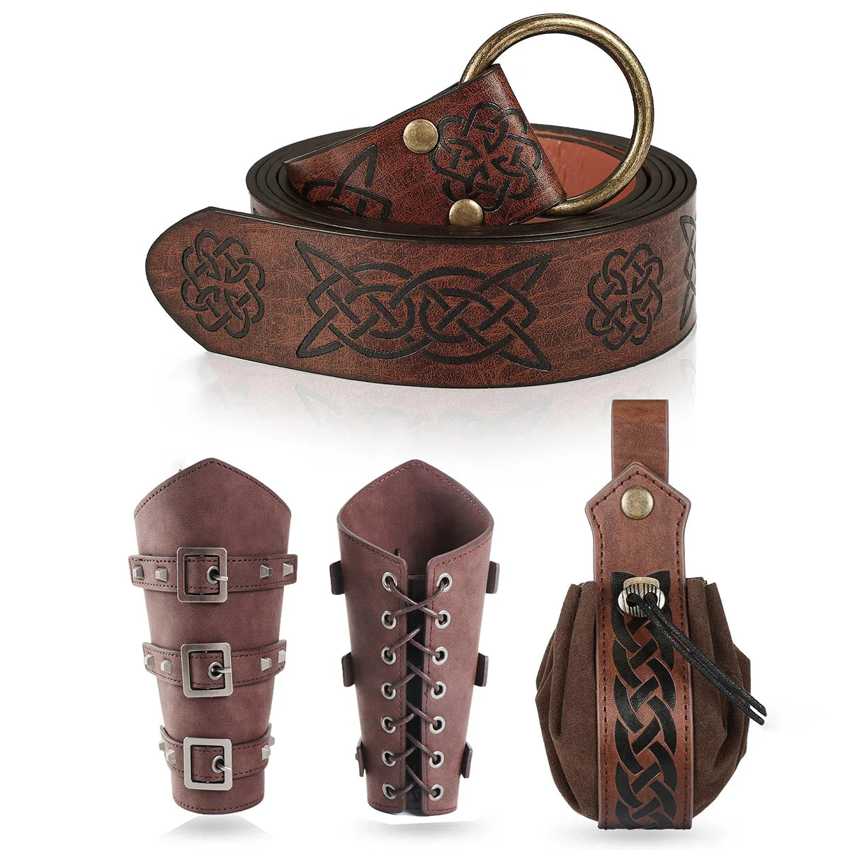 5PCS Men's Renaissance Costume Sets Medieval Arm Wrist Halloween Viking Belt Faux Leather Belt Pouch LARP Cosplay Accessories