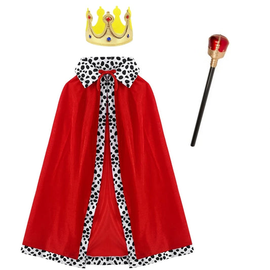 Halloween Adult King Red Cloak Costume Kids King Prince Robe Crown Velvet Cape Children Birthday Party Cosplay Accessory Suit
