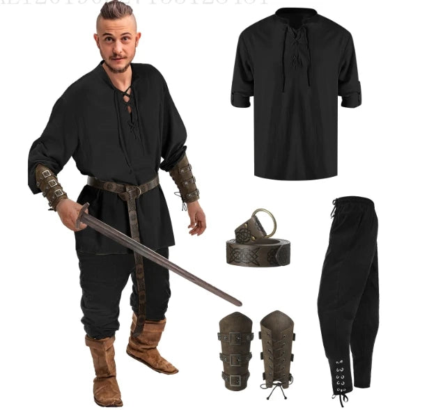 Jiuguva 4 Pcs Halloween Men's Renaissance Costume Set Medieval Pirate Shirt Ankle Banded Pants Viking Belt Accessories